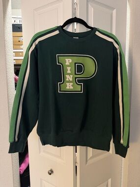 🇺🇸🎉PINK Victoria's Secret Forest Green Crewneck Sweatshirt with Lime Appliqué